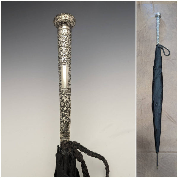 20世紀初頭 英国アンティーク 紳士用ブアンブレラ ブラック 純銀彫刻ハンドル 93cm